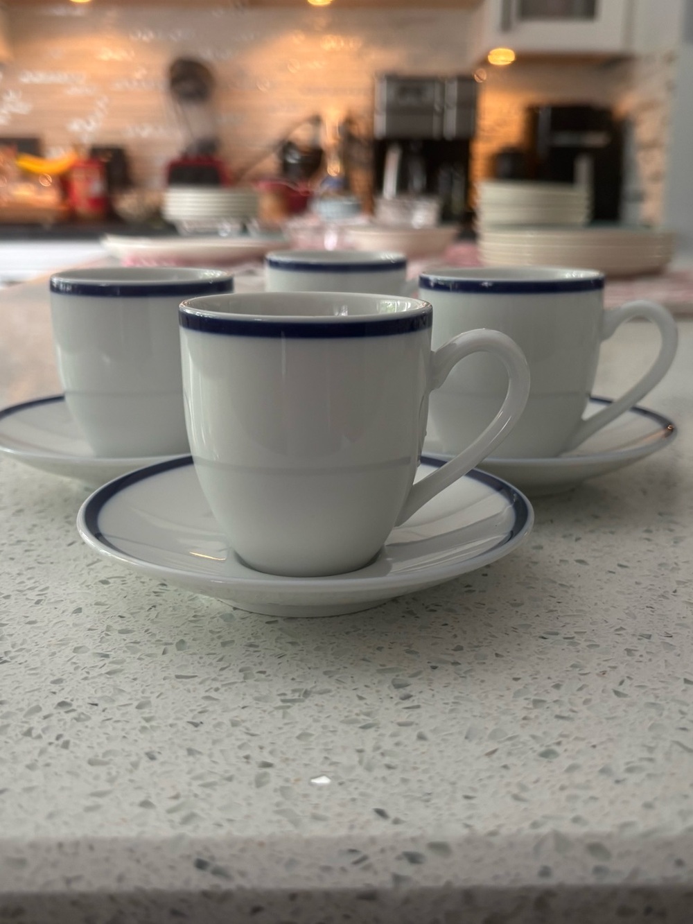 Vintage Williams Sonoma Brasserie Blue Band Demitasse 4 Espresso Cups & Saucers - Picture 4 of 11